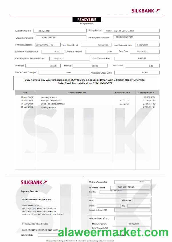 Pakistan Silkbank statement Word and PDF template scr